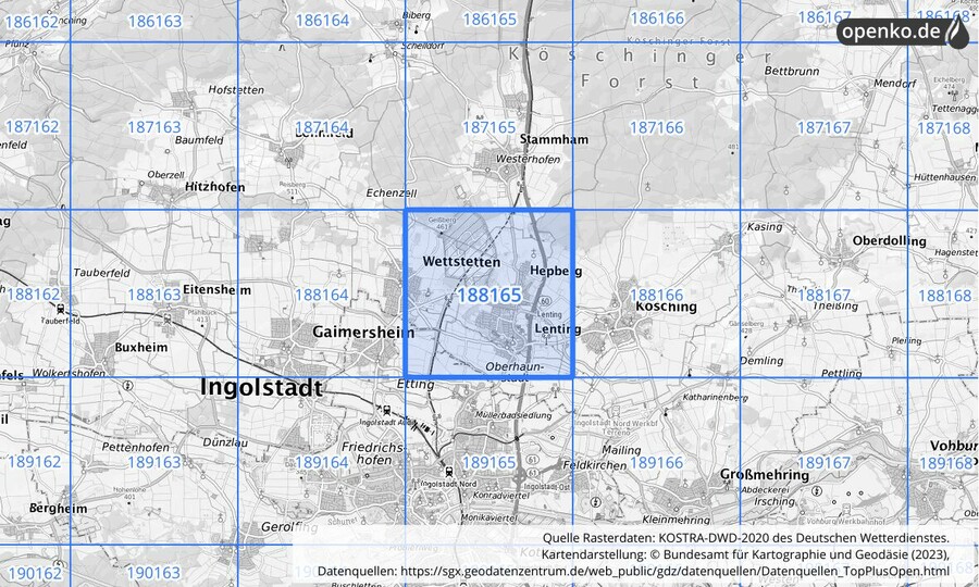 Übersichtskarte des KOSTRA-DWD-2020-Rasterfeldes Nr. 188165