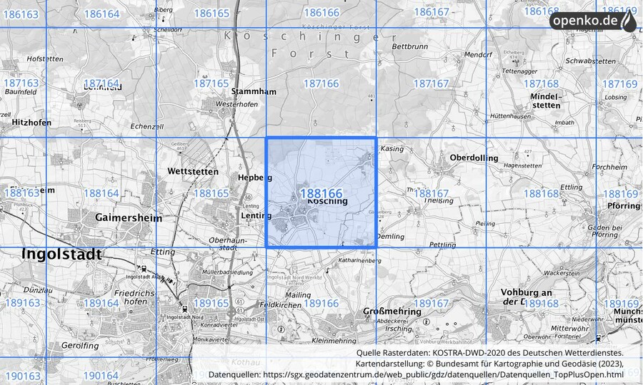 Übersichtskarte des KOSTRA-DWD-2020-Rasterfeldes Nr. 188166