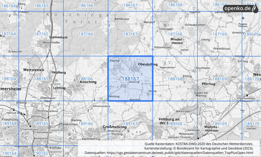 Übersichtskarte des KOSTRA-DWD-2020-Rasterfeldes Nr. 188167