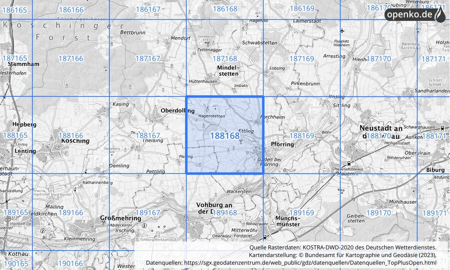 Übersichtskarte des KOSTRA-DWD-2020-Rasterfeldes Nr. 188168