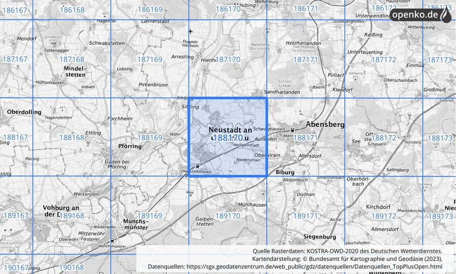 Übersichtskarte des KOSTRA-DWD-2020-Rasterfeldes Nr. 188170