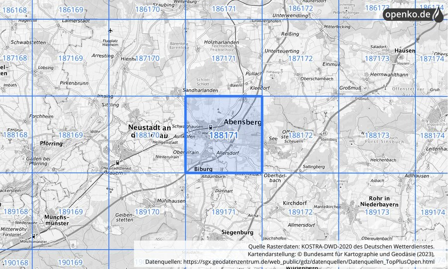 Übersichtskarte des KOSTRA-DWD-2020-Rasterfeldes Nr. 188171