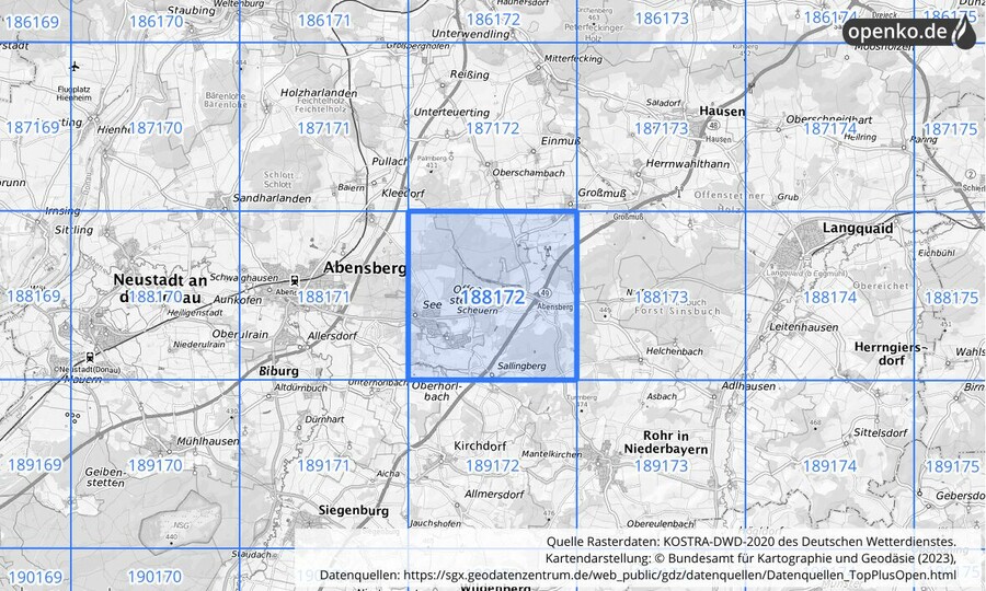 Übersichtskarte des KOSTRA-DWD-2020-Rasterfeldes Nr. 188172