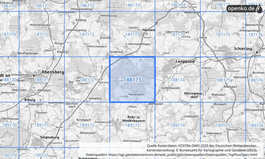 Übersichtskarte des KOSTRA-DWD-2020-Rasterfeldes Nr. 188173