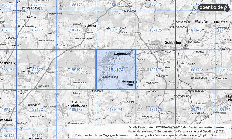 Übersichtskarte des KOSTRA-DWD-2020-Rasterfeldes Nr. 188174