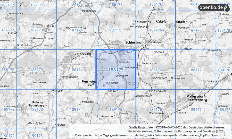 Übersichtskarte des KOSTRA-DWD-2020-Rasterfeldes Nr. 188175