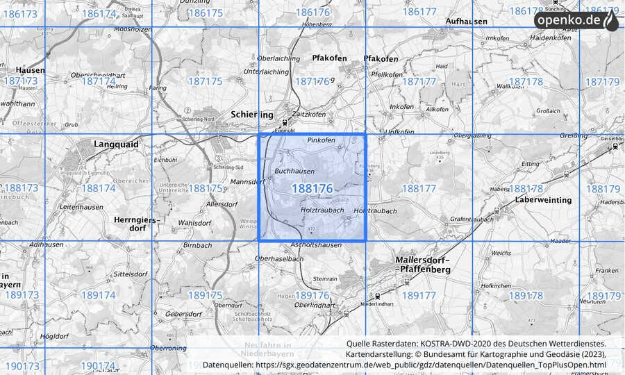 Übersichtskarte des KOSTRA-DWD-2020-Rasterfeldes Nr. 188176