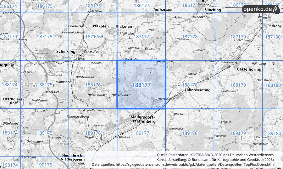 Übersichtskarte des KOSTRA-DWD-2020-Rasterfeldes Nr. 188177