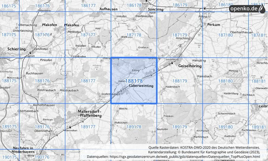 Übersichtskarte des KOSTRA-DWD-2020-Rasterfeldes Nr. 188178