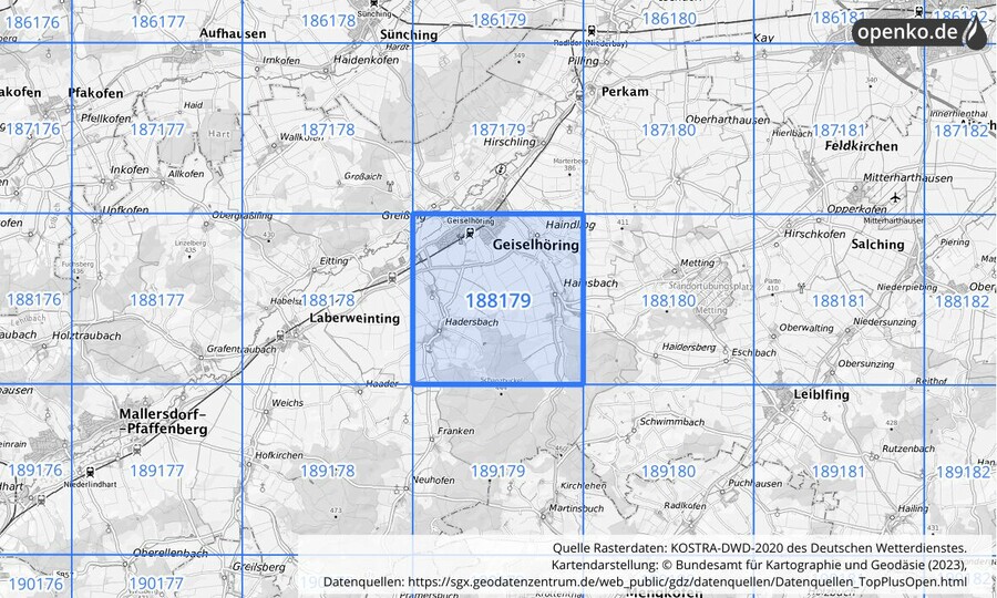 Übersichtskarte des KOSTRA-DWD-2020-Rasterfeldes Nr. 188179