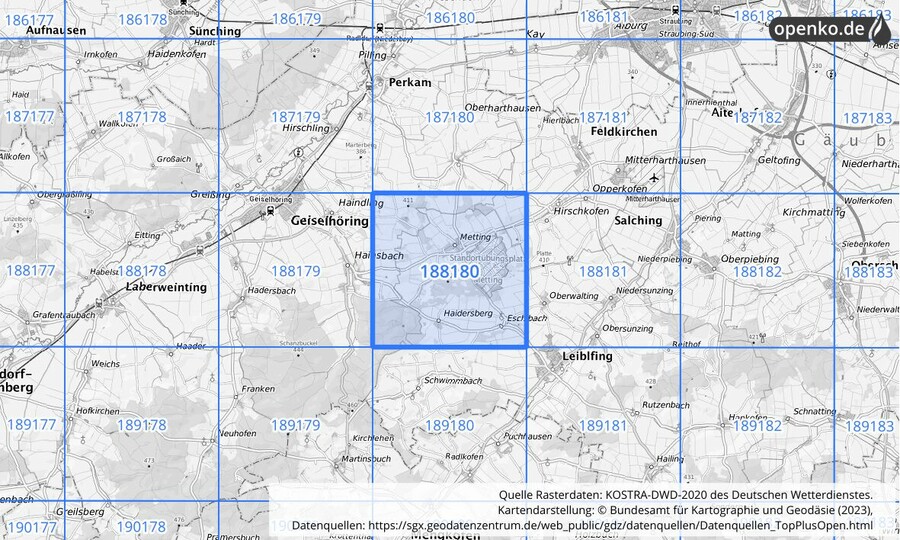 Übersichtskarte des KOSTRA-DWD-2020-Rasterfeldes Nr. 188180
