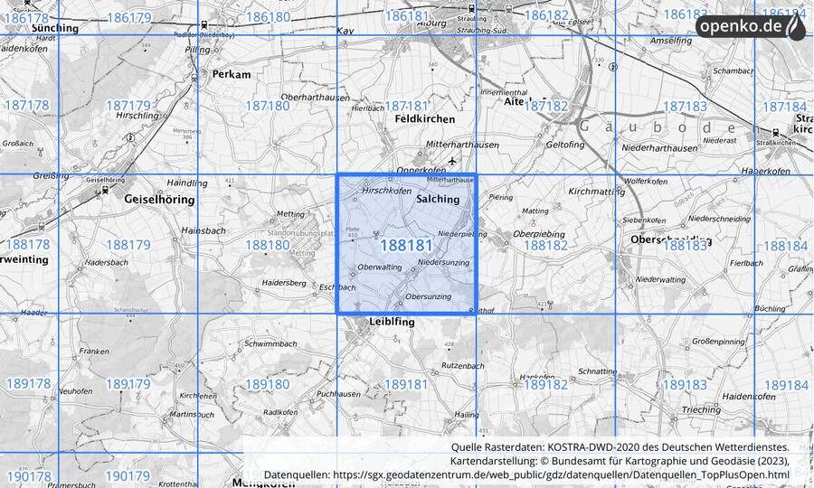 Übersichtskarte des KOSTRA-DWD-2020-Rasterfeldes Nr. 188181
