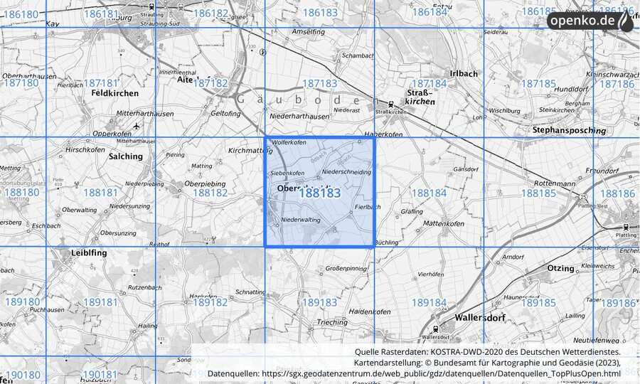 Übersichtskarte des KOSTRA-DWD-2020-Rasterfeldes Nr. 188183