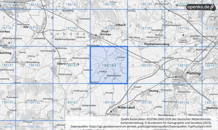 Übersichtskarte des KOSTRA-DWD-2020-Rasterfeldes Nr. 188184
