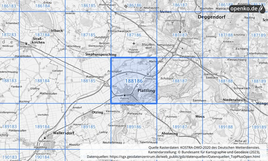 Übersichtskarte des KOSTRA-DWD-2020-Rasterfeldes Nr. 188186