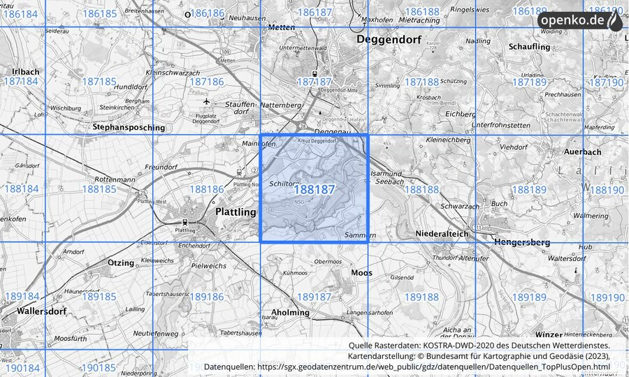 Übersichtskarte des KOSTRA-DWD-2020-Rasterfeldes Nr. 188187