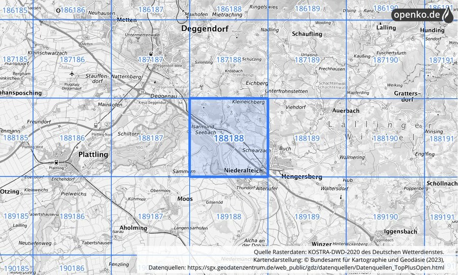 Übersichtskarte des KOSTRA-DWD-2020-Rasterfeldes Nr. 188188
