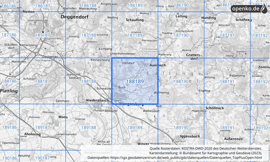 Übersichtskarte des KOSTRA-DWD-2020-Rasterfeldes Nr. 188189