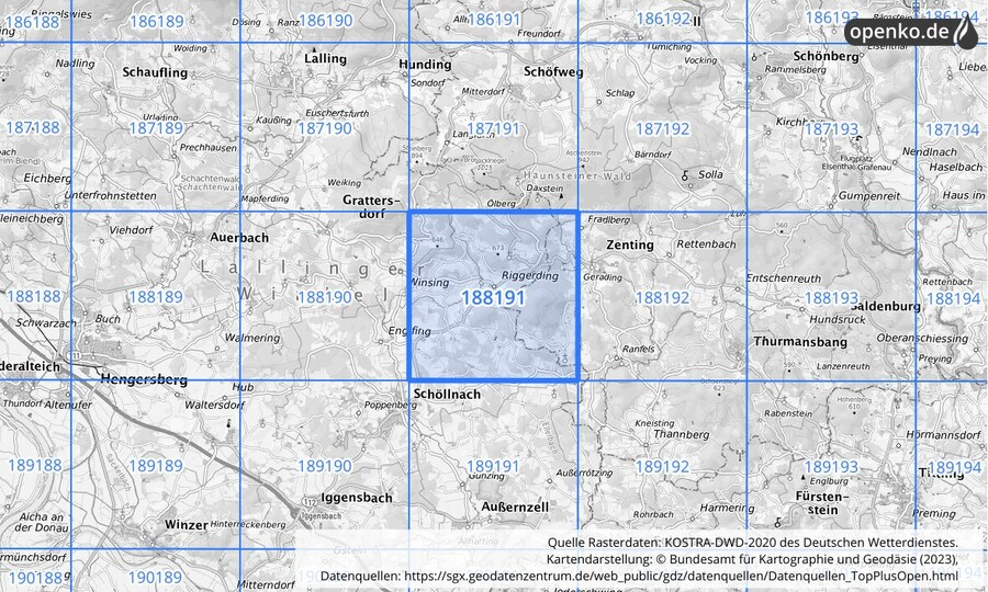 Übersichtskarte des KOSTRA-DWD-2020-Rasterfeldes Nr. 188191
