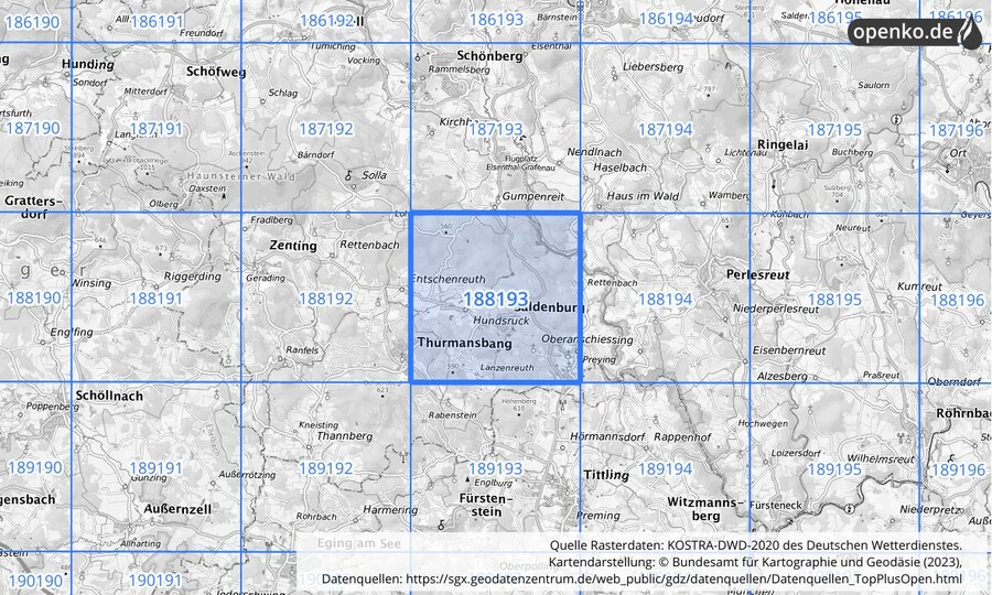 Übersichtskarte des KOSTRA-DWD-2020-Rasterfeldes Nr. 188193