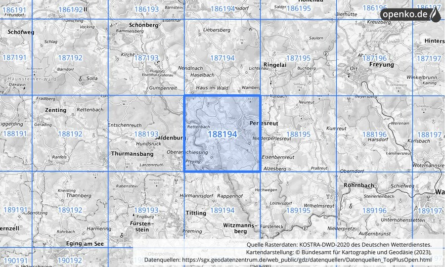 Übersichtskarte des KOSTRA-DWD-2020-Rasterfeldes Nr. 188194