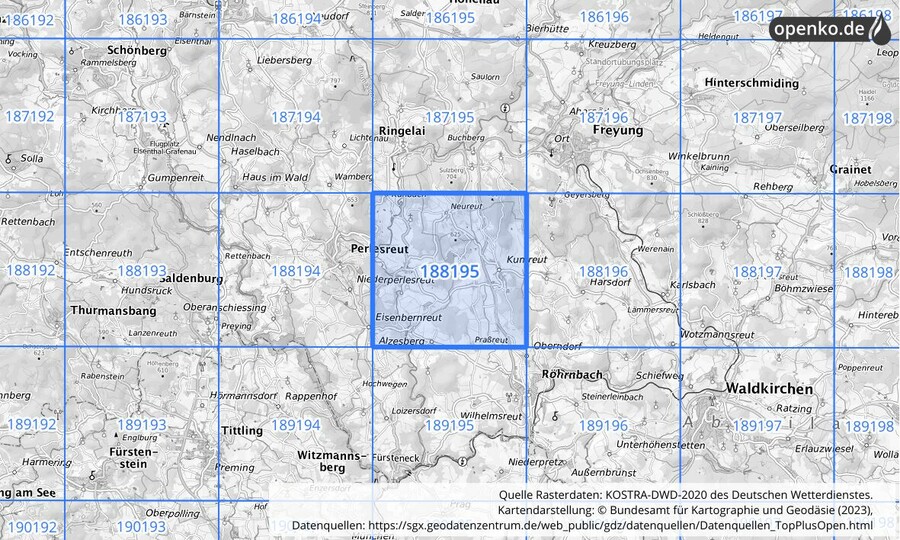 Übersichtskarte des KOSTRA-DWD-2020-Rasterfeldes Nr. 188195
