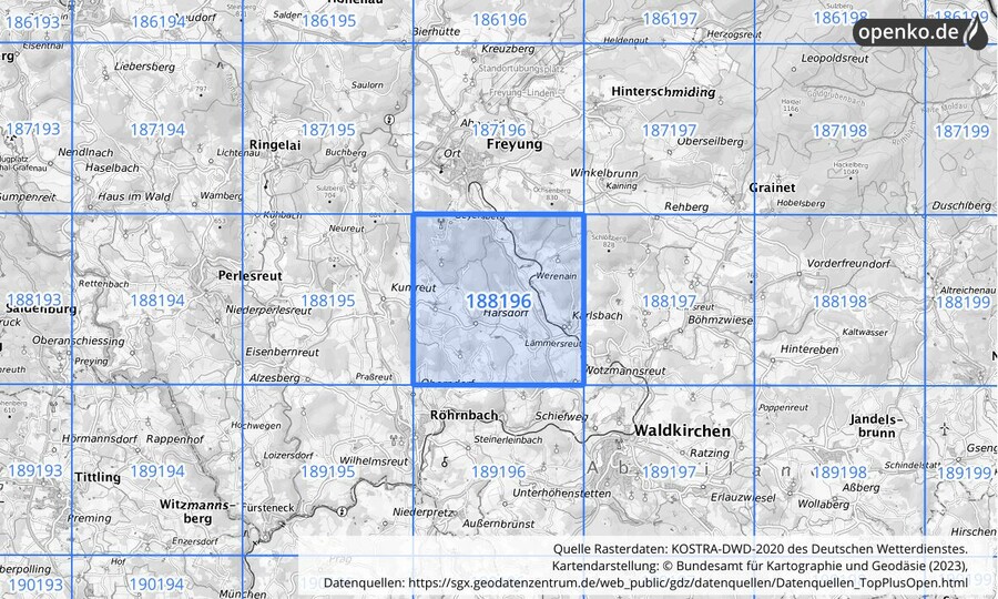 Übersichtskarte des KOSTRA-DWD-2020-Rasterfeldes Nr. 188196