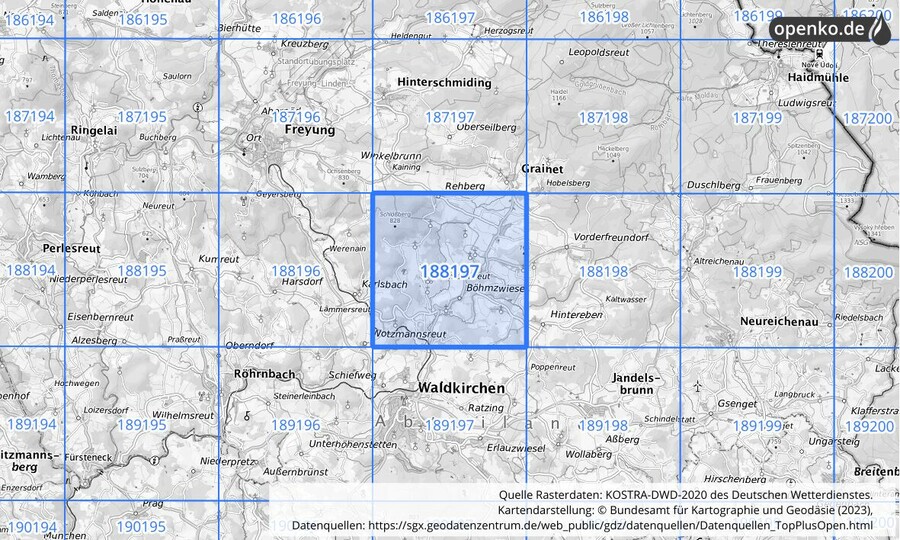 Übersichtskarte des KOSTRA-DWD-2020-Rasterfeldes Nr. 188197