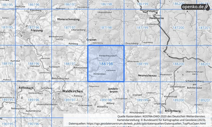 Übersichtskarte des KOSTRA-DWD-2020-Rasterfeldes Nr. 188198