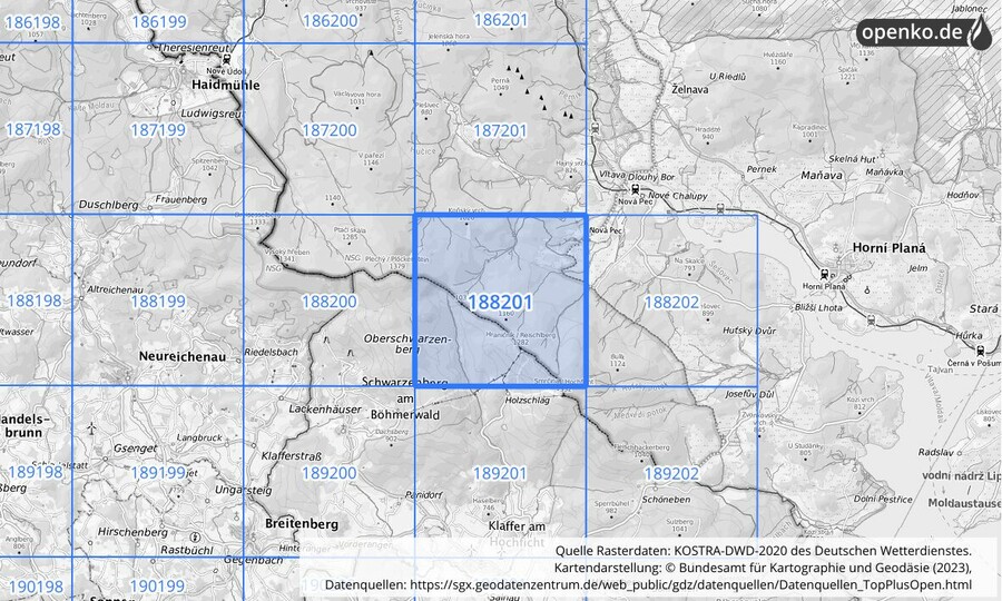Übersichtskarte des KOSTRA-DWD-2020-Rasterfeldes Nr. 188201