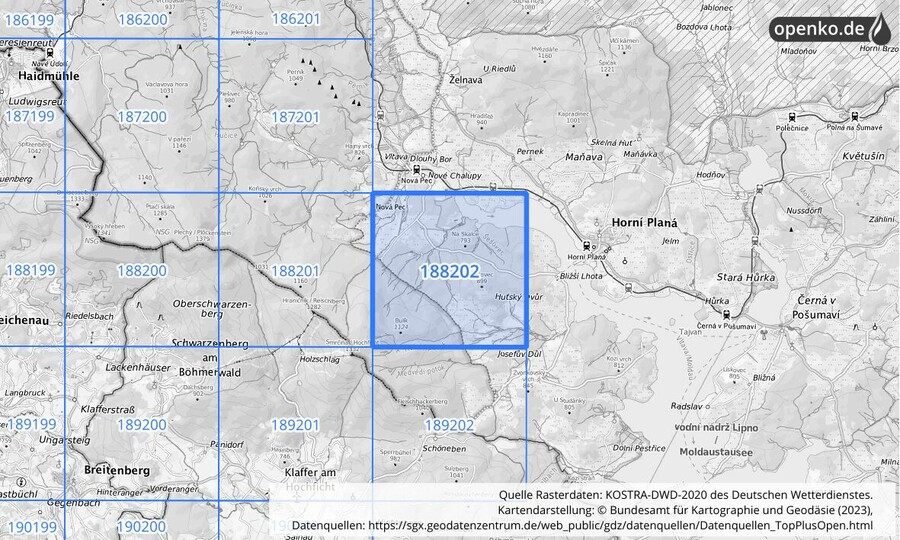 Übersichtskarte des KOSTRA-DWD-2020-Rasterfeldes Nr. 188202