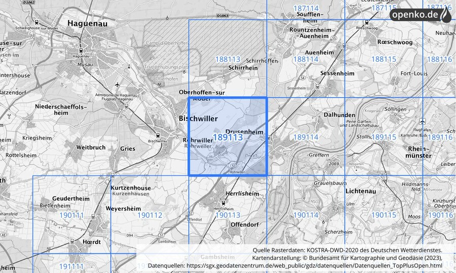 Übersichtskarte des KOSTRA-DWD-2020-Rasterfeldes Nr. 189113