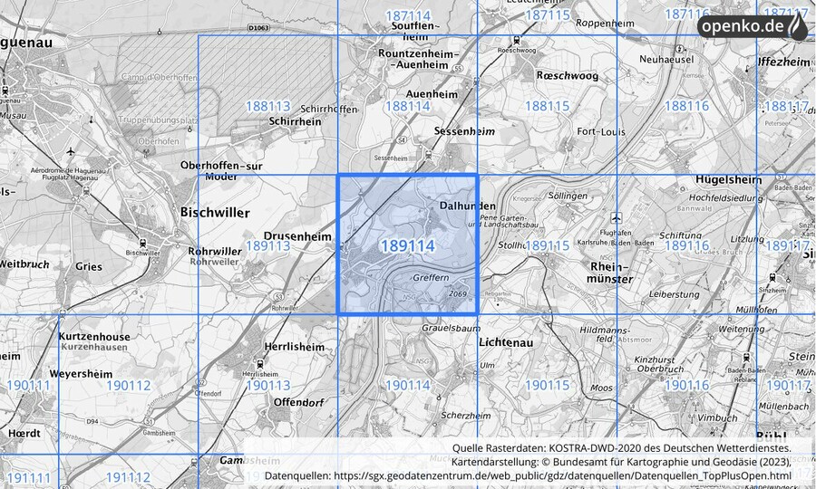 Übersichtskarte des KOSTRA-DWD-2020-Rasterfeldes Nr. 189114