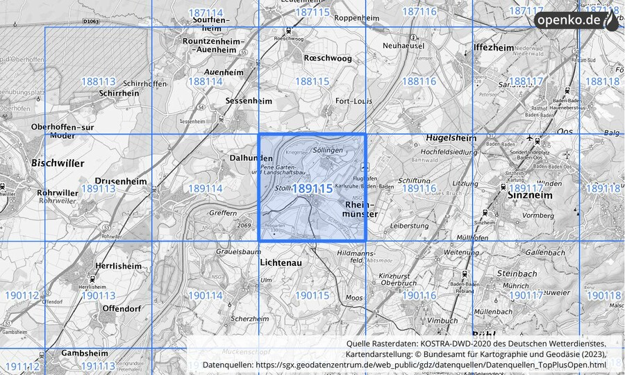 Übersichtskarte des KOSTRA-DWD-2020-Rasterfeldes Nr. 189115