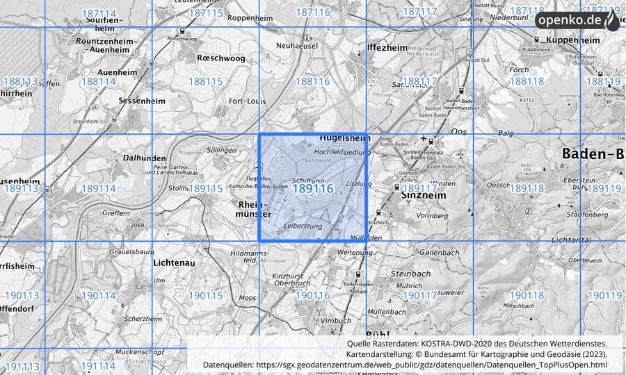 Übersichtskarte des KOSTRA-DWD-2020-Rasterfeldes Nr. 189116