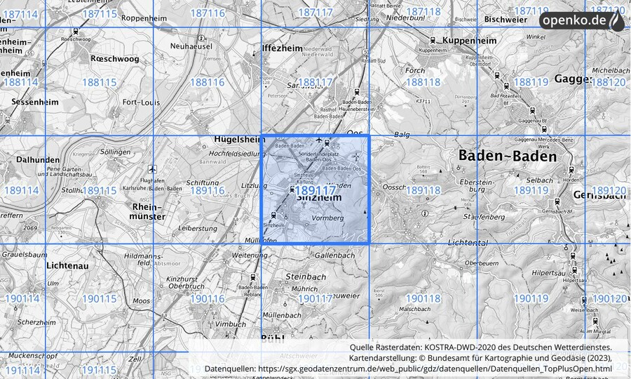 Übersichtskarte des KOSTRA-DWD-2020-Rasterfeldes Nr. 189117