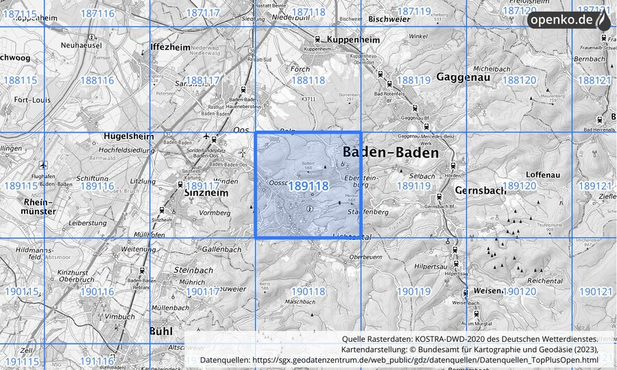 Übersichtskarte des KOSTRA-DWD-2020-Rasterfeldes Nr. 189118