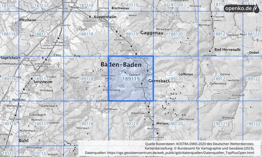 Übersichtskarte des KOSTRA-DWD-2020-Rasterfeldes Nr. 189119