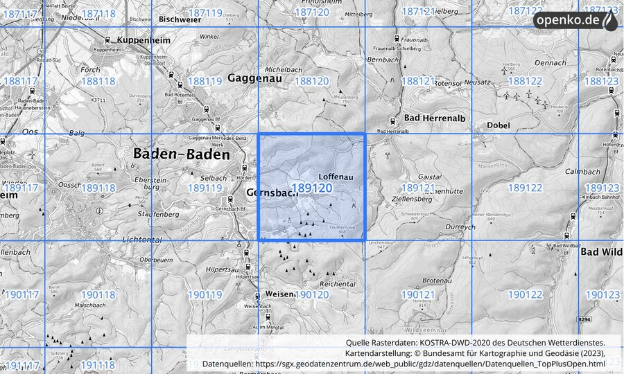 Übersichtskarte des KOSTRA-DWD-2020-Rasterfeldes Nr. 189120