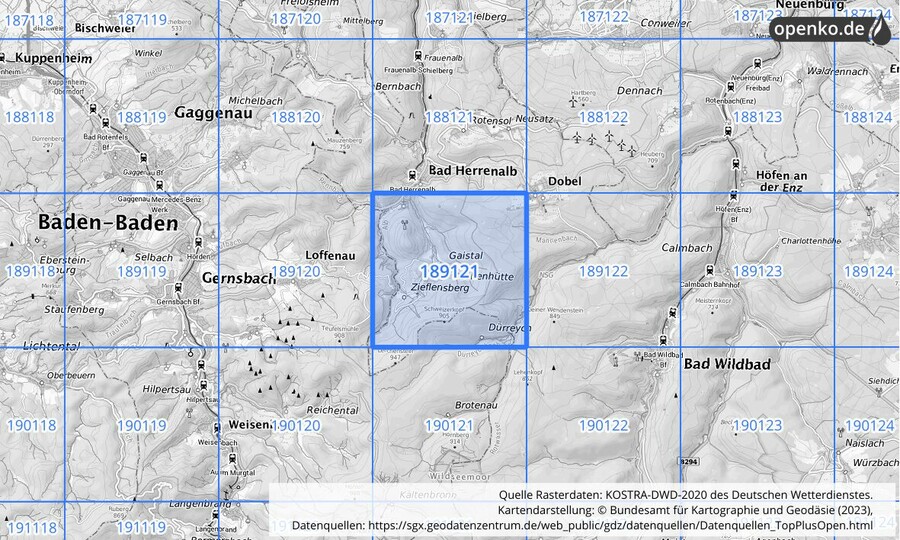 Übersichtskarte des KOSTRA-DWD-2020-Rasterfeldes Nr. 189121
