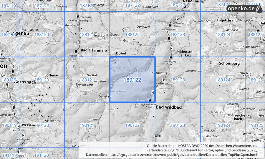 Übersichtskarte des KOSTRA-DWD-2020-Rasterfeldes Nr. 189122