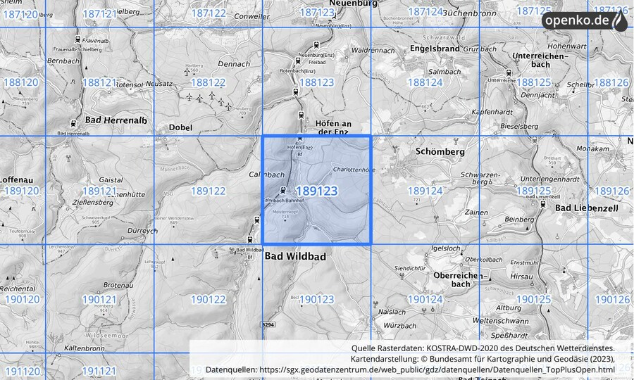 Übersichtskarte des KOSTRA-DWD-2020-Rasterfeldes Nr. 189123