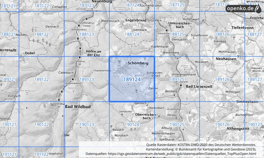 Übersichtskarte des KOSTRA-DWD-2020-Rasterfeldes Nr. 189124