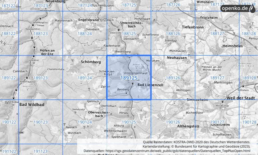 Übersichtskarte des KOSTRA-DWD-2020-Rasterfeldes Nr. 189125