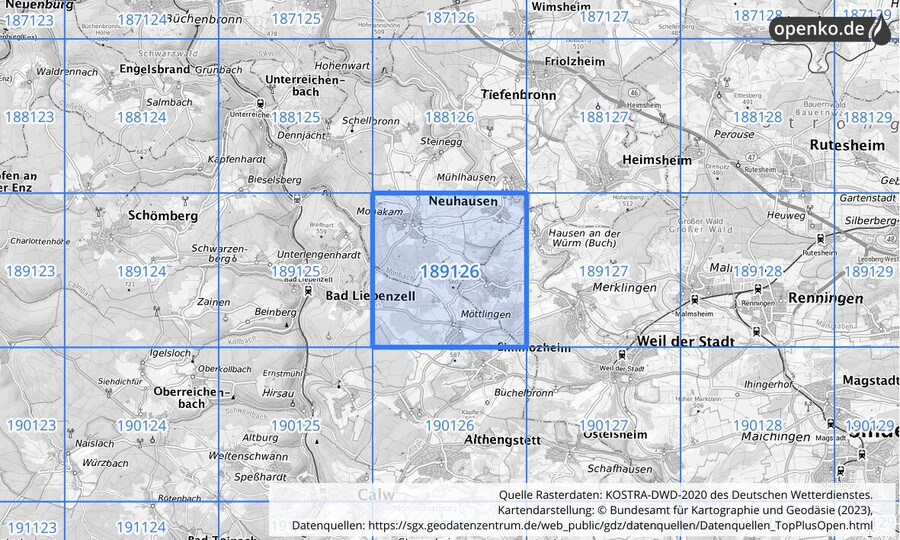 Übersichtskarte des KOSTRA-DWD-2020-Rasterfeldes Nr. 189126