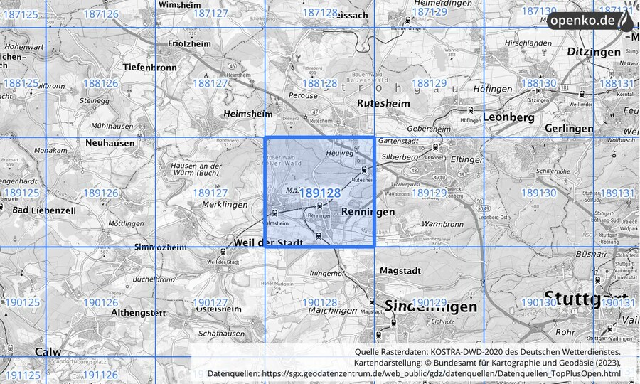 Übersichtskarte des KOSTRA-DWD-2020-Rasterfeldes Nr. 189128