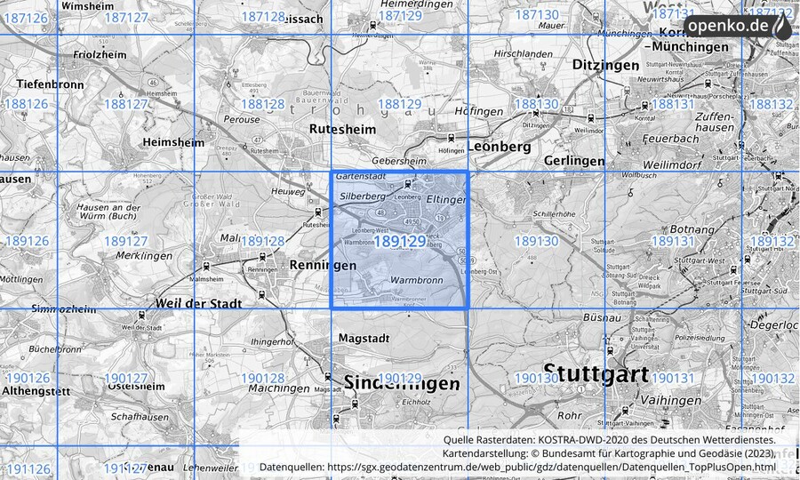 Übersichtskarte des KOSTRA-DWD-2020-Rasterfeldes Nr. 189129