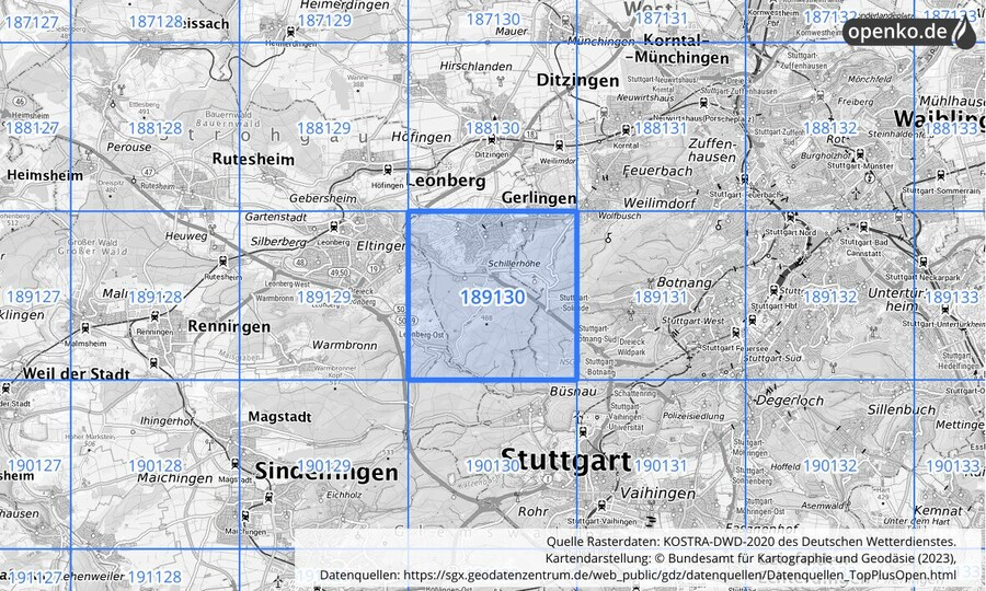 Übersichtskarte des KOSTRA-DWD-2020-Rasterfeldes Nr. 189130