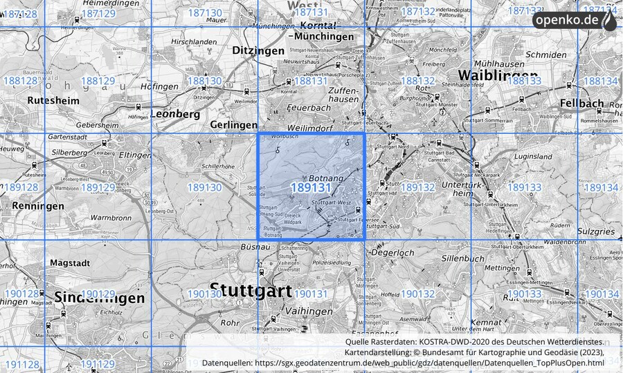 Übersichtskarte des KOSTRA-DWD-2020-Rasterfeldes Nr. 189131