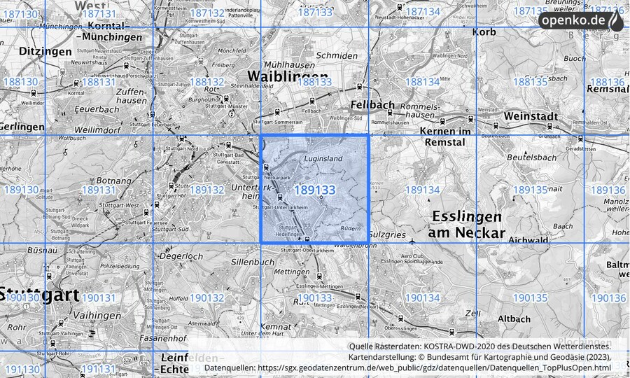 Übersichtskarte des KOSTRA-DWD-2020-Rasterfeldes Nr. 189133